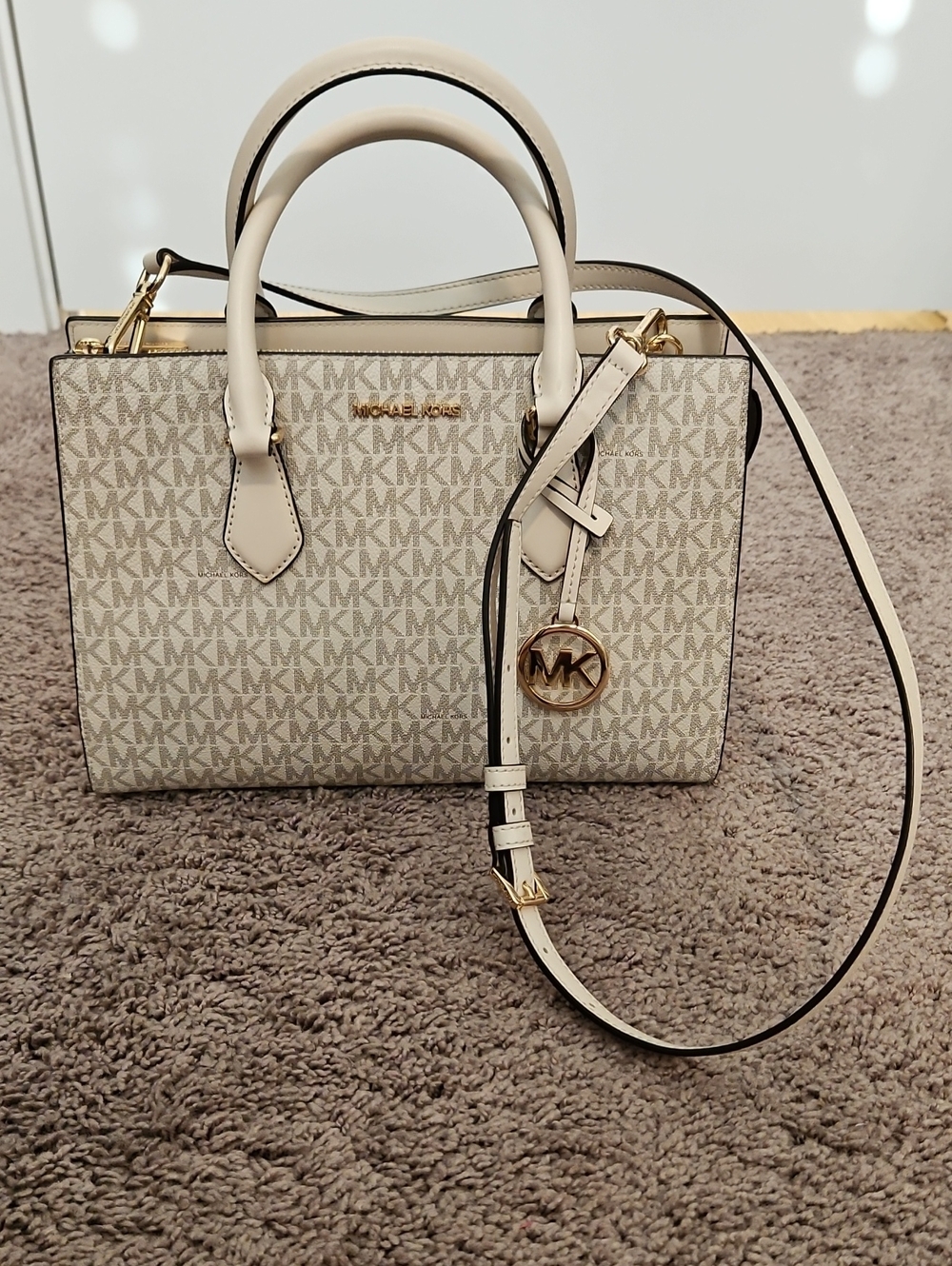 Michael Kors Cream/Beige Monogram Satchel with Gold Hardware